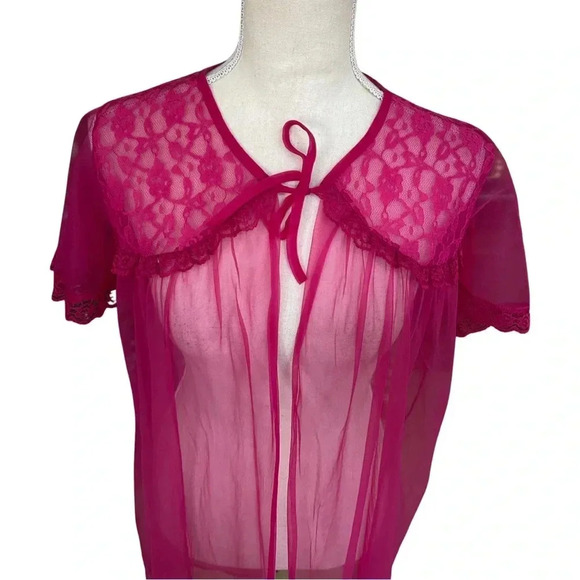 Elsie of Miami hot pink sheer nylon peignoir robe – lace yoke, flutter sleeves - Picture 3 of 8